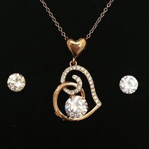 Rose Gold And Crystal Heart Shaped Pendant Necklace And Matching Earring Set